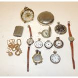 A group of silver cased fob watches, silver cased wrist watches, compass, snuff box, WWI period