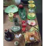 A cottageware biscuit barrel together with two Wedgewood items and other ceramics etc.