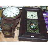 Two wall clocks together with a mantle clock.