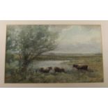 ROBERT HUME (1861 - 1937) - Cattle near a river, watercolour, signed, 15cms x 24cms Provenance: from