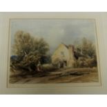 In the style of David Cox - figures outside a cottage, watercolour, 16.5cms x 22cms