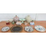 A box of assorted ceramics including a Japanese style table lamp base, a florally patterned cake