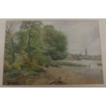 ROBERT HUME (1861 - 1937) - River scene with figure, shipping and trees, watercolour, signed, 16.