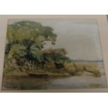 ROBERT HUME (1861 - 1937) - River scene with boat at a jetty, house and trees, watercolour,