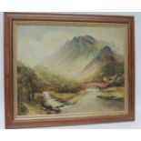 LATE 19TH CENTURY ENGLISH SCHOOL - Mountainous scene with bridge over a river, oil on board,