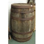 A late 19th century iron bound cider barrel (90cm high), a peat shovel and three other