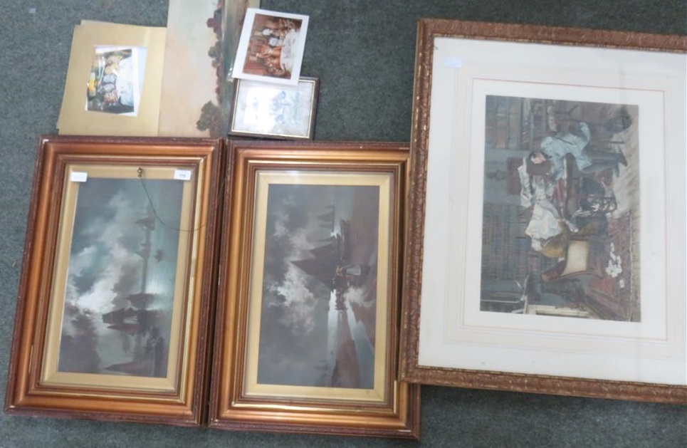 A pair of framed pictures of ships on the sea together with assorted framed and unframed pictures.