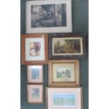 A pair of framed prints showing scenes from a 'Midsummer Nights Dream', together with five other