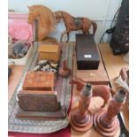 A miniature carved oak coffer, a pair of wooden lamp bases, a wooden carved horses head, etc.