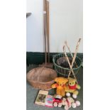 Two croquet mallets, croquet balls, a metal bucket, etc.