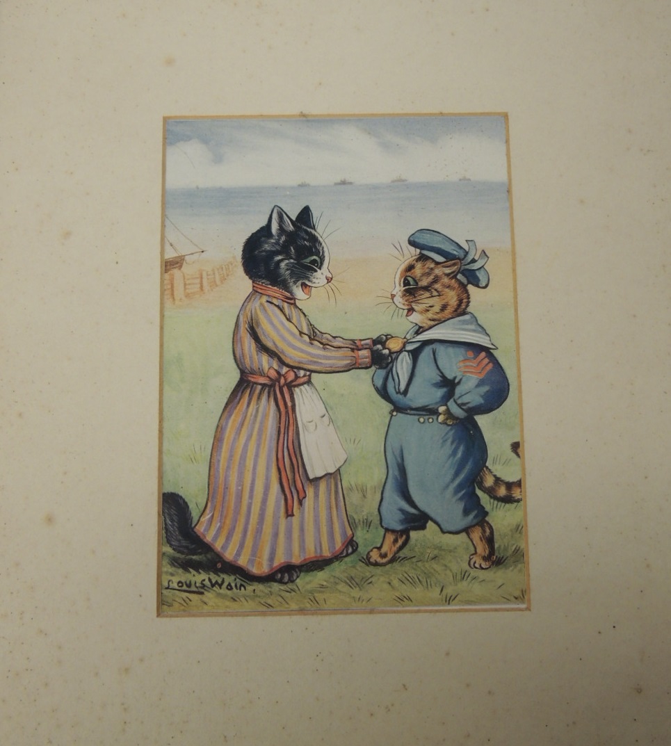 After LOUIS WAIN - a coloured print of two cats at the seaside together with three mounted prints of