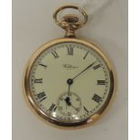 A Waltham open face keyless pocket watch having cream enamel dial with subsidiary seconds dial, in