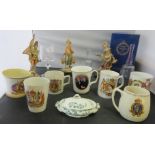 Royal Commemorative mugs together with Royal Doulton Coronation bell and three figures.