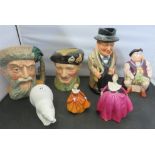 Three Royal Doulton character jugs: 'Robinson Crusoe', 'Monty' and 'Winston Churchill', etc.