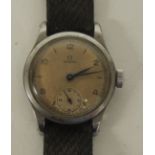 A steel cased Gents "Omega" manual wind wristwatch, the matt dial with Baton and Arabic numerals