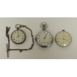 A silver cased open face pocket watch by Mathey & Droz on fancy link metal chain and together with a