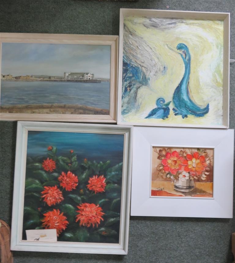 A framed oil of orange dahlias, with three other framed pictures (4).