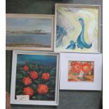 A framed oil of orange dahlias, with three other framed pictures (4).