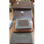 A wood cased vanity box with mirror and four other wooden boxes.