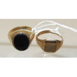A 9ct gold square panel signet ring, size V, (A/F), 4g approx.; and another 9ct gold signet ring set