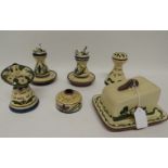 Two Longpark, Torquay motto hat pin stands with hat pins; a butter dish, inkwell, jack in the pulpit