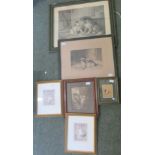 A pair of prints depicting a Jack Russell, together with four other framed prints (5).