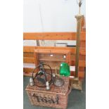 A large Fortnum and Mason wicker hamper together with a metal light fitting decorated with pigs ,