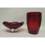 A Whitefriars red bubble glass pedestal bowl, 22cms diam together with a red glass vase, 18cms