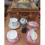 A small Fortnum and Mason wicker hamper together with a framed picture, ceramics etc.