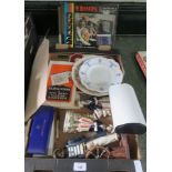 Two flat back figures, a figurine of a sailor, pens, ephemera etc.