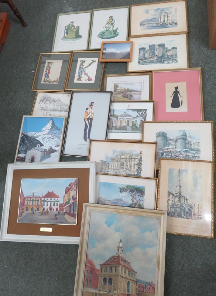 A framed picture of a canal scene together with nineteen other framed pictures (20).