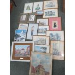 A framed picture of a canal scene together with nineteen other framed pictures (20).
