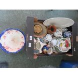 A Stoke pottery fruit bowl on pedestal foot, decorated in orange, blue and gilt; together with other