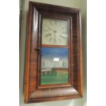 An American 30 hour walnut veneered wall clock with decorative glass panel depicting 'The New