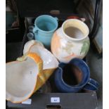 A blue glazed pottery jug, plates vases etc.