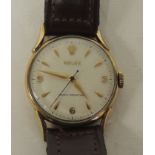 A gents "Rolex" manual wind Wristwatch, probably 1960s, 9ct gold cased, the textured white dial with