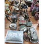An engraved pewter tankard with glass base, assorted items of plate and other metalware.