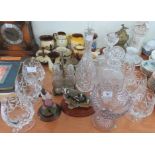 Six heavy cut brandy balloons together with three cut glass decanters a cruet etc.