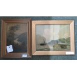 A framed picture of a river scene, together with a framed oleograph of a harbour scene (2).