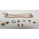 Collection of jewellery to include 18ct gold earrings, 9ct gold ring, two silver rings (tested), 9ct