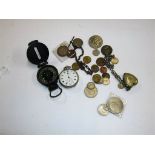 A silver plated pocket watch together with a military compass, a quantity of coins and other items