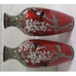 Pair of red ground cloisonné vases decorated with foliate and birds, 34cm high