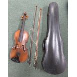 Mahogany un-named violin, 59cm long, with two bows cased