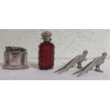 Two miniature silver plated pheasants together with a Ronson lighter and a scent bottle with