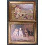 Two prints depicting three dogs and another of ducks