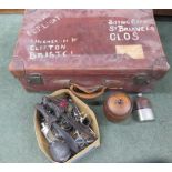 Brown leather suitcase, together with an oak tobacco jar and other items