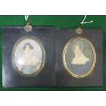 Two late 18th/early 19th century portrait miniatures of a lady in a dark blue dress, 9cm x 7cm