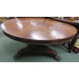 Victorian mahogany loo table on plateau tripod base with paw feet, 54in diameter, with radial