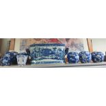 Seven oriental ginger jars together with other blue and white wares