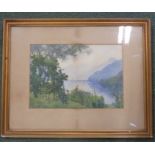 Fred Lees watercolour of a lake scene, 23cm x 40cm